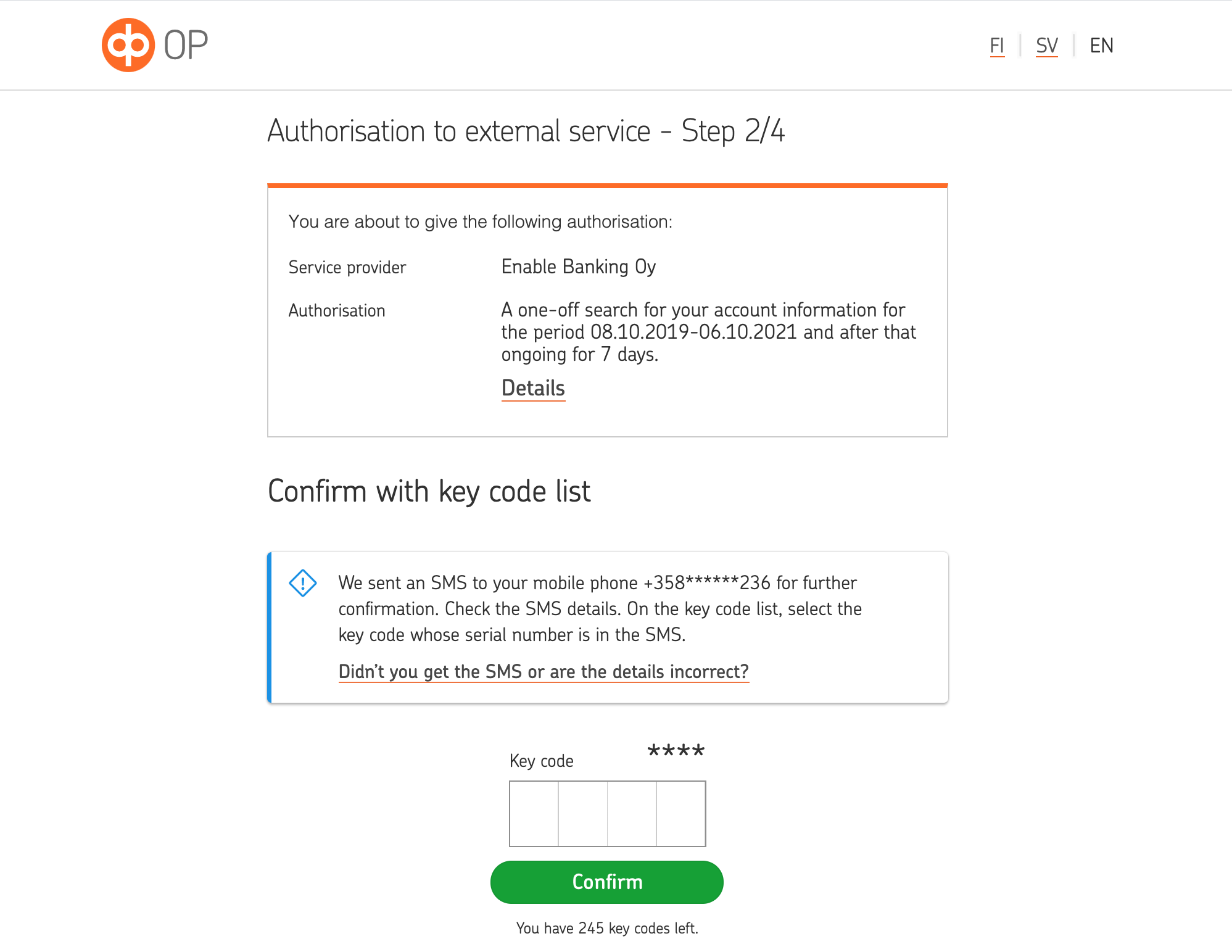 OP business authorisation sms