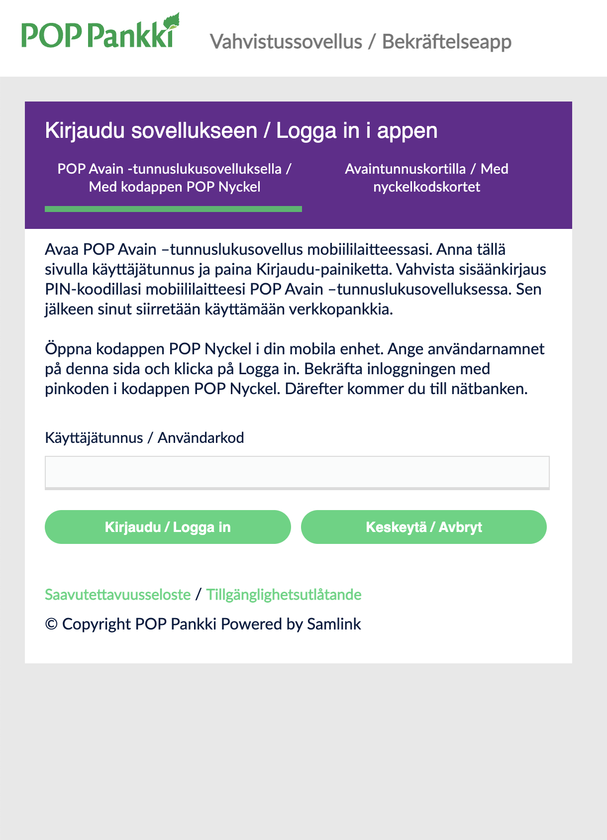 POP Pankki business auth, step 1