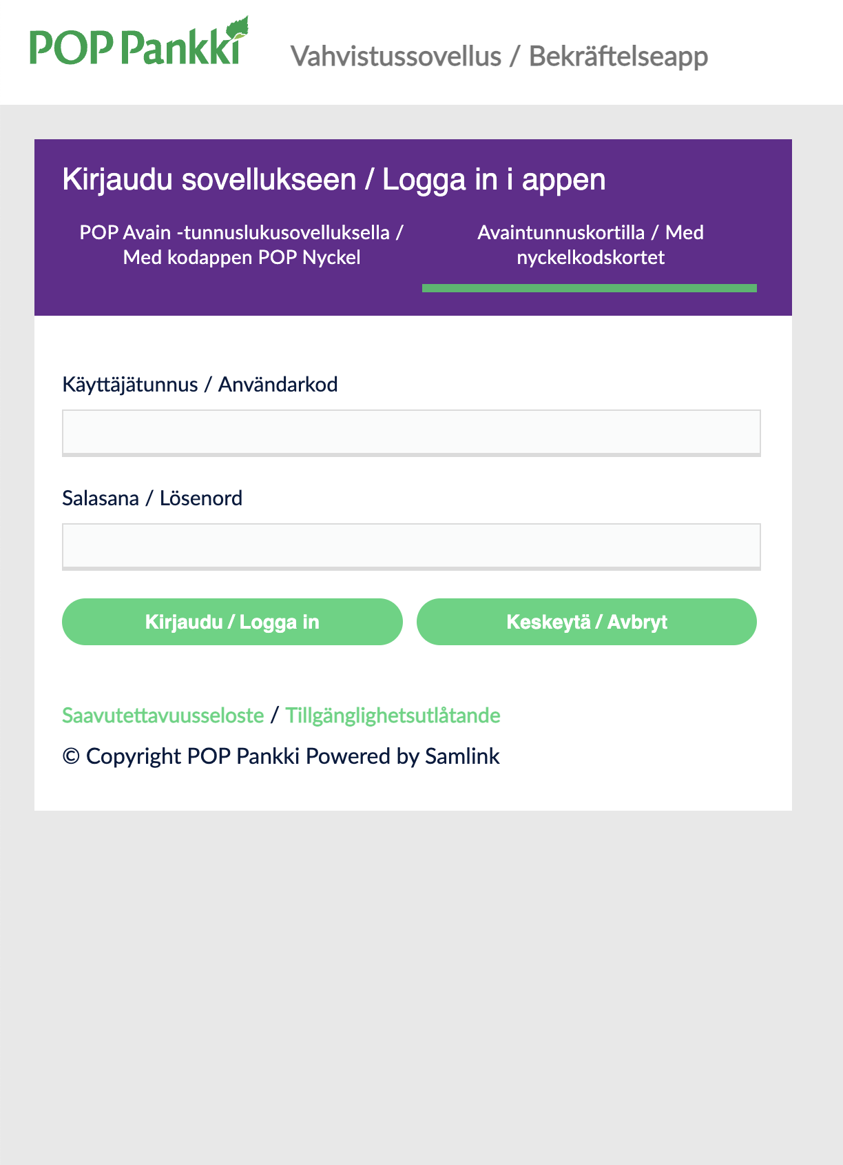 POP Pankki business auth with paper codes